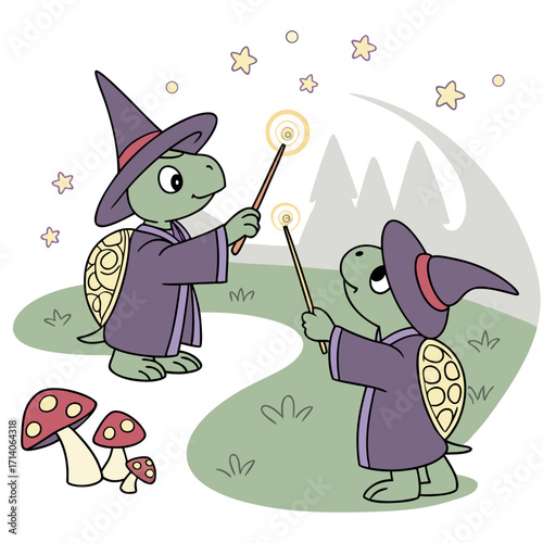 Two adorable cartoon turtles dressed as wizards casting magic spells with wands on a whimsical forest path surrounded by stars and mushrooms