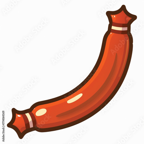 A curved, reddish-orange sausage with decorative ends.