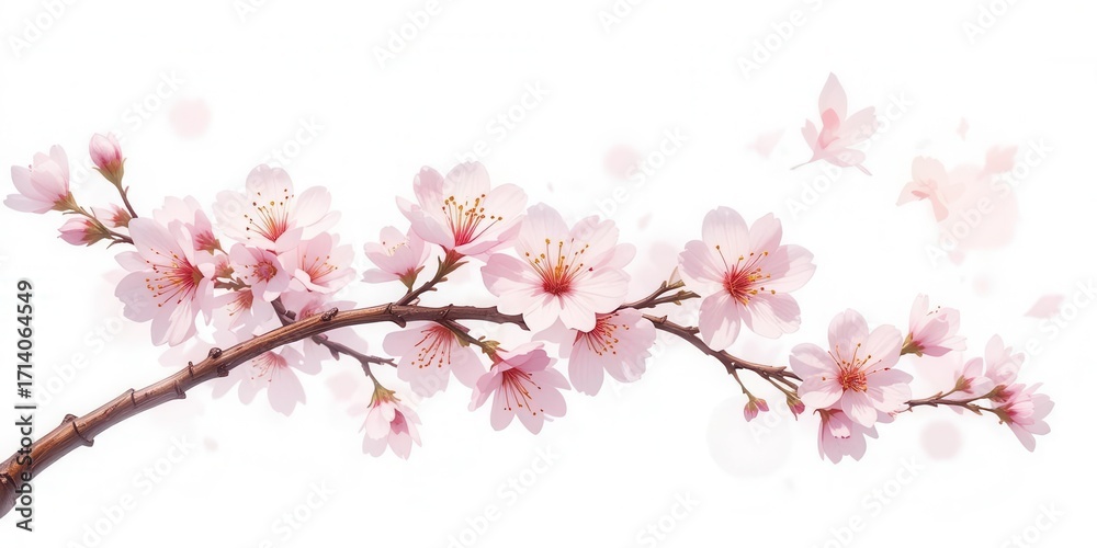 Naklejka premium Cherry Blossom Branch Illustration 2023 JPG Isolated White Background Isolated Wallpaper Spring Delicate Photon