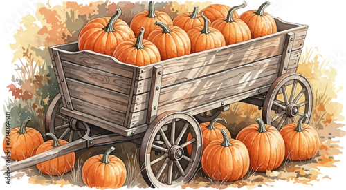 Illustrative pumpkins are arranged in and around a rustic wooden wagon against a soft autumnal background, creating a seasonal and nostalgic mood, ideal for fall or holiday-themed designs.