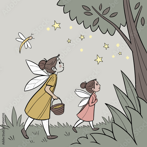 Two whimsical fairies with delicate wings walk through a magical forest at dusk looking up at glowing stars and a dragonfly