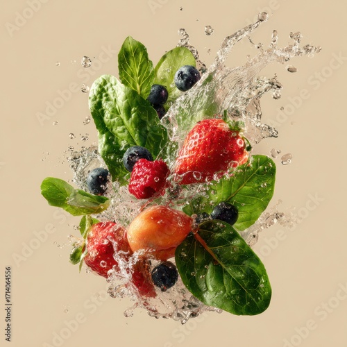 healthy fruit and foliage immersed in clear liquid splash