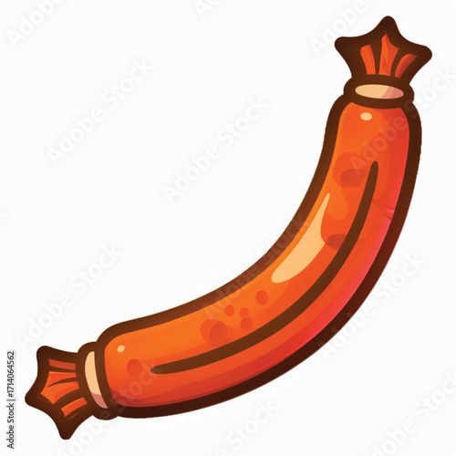 A vibrant cartoon illustration of a single, plump sausage link with twisted ends, isolated on a white background.