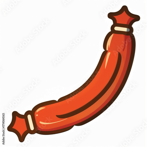 A cartoon illustration of a single, plump, reddish-brown sausage with star-shaped ends tied with white bands.