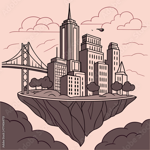 Whimsical floating island city with iconic skyscrapers and a suspension bridge set against a soft pink sky with stylized clouds and a bird