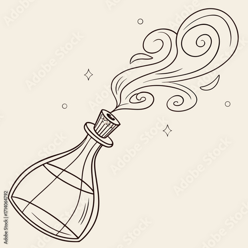 Whimsical hand drawn outline of a potion bottle with swirling magical smoke and sparkling stars against a soft beige background