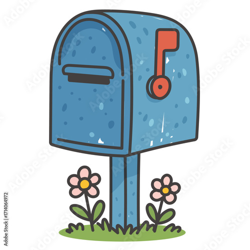 Blue Mailbox With Red Flag And Flowers In Cute Cartoon Flat Style