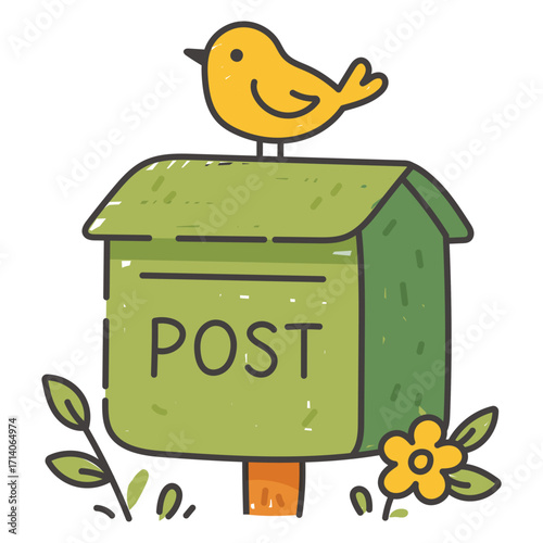 Green Mailbox With Bird And Flowers In Cute Cartoon Flat Style