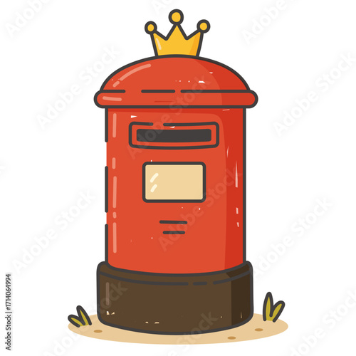 Red Royal Mailbox With Crown In Cute Cartoon Flat Style