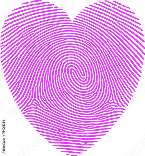 Striking heart shape created from a bright pink fingerprint on a white background conveys a sense of individuality and love, ideal for romantic or personal identity designs.