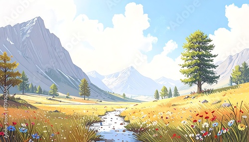 Fototapeta Naklejka Na Ścianę i Meble -  Mountain meadow landscape painting