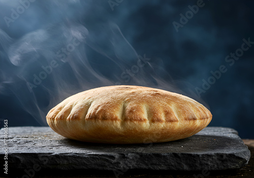 Fresh Hot Pita Bread Puffing Up with Steam Rising on Rustic Stone Surface After Baking