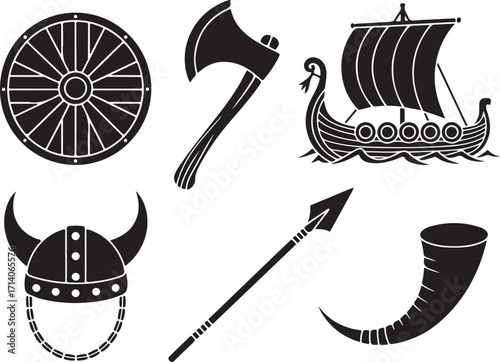 Viking warrior icons ship axe shield helmet horn spear