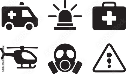 Emergency rescue icons ambulance helicopter gas mask alert