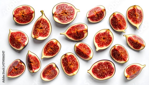 Fresh fig halves arranged artfully on white