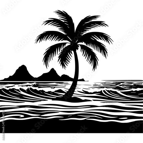 Black and white palm tree beach scene vector illustration silhouette