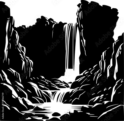 Black and white waterfall landscape illustration scenic nature view silhouette
