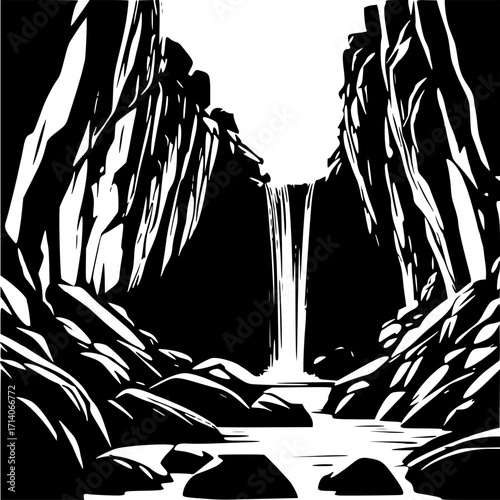 Black and white vector illustration of a waterfall landscape scene art silhouette