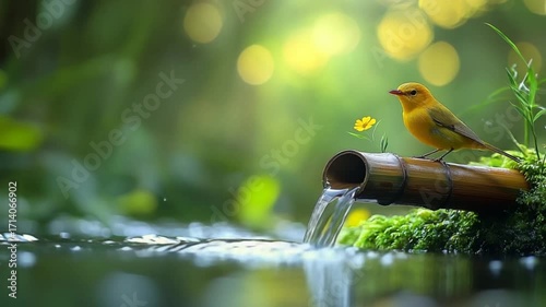 A serene scene of a vibrant yellow bird perched atop a bamboo water feature, surrounded by lush greenery and a gentle stream.