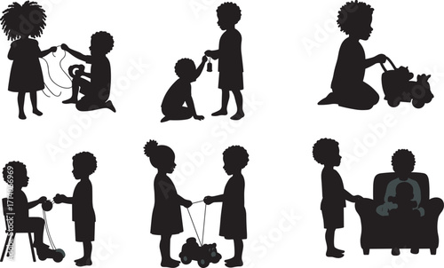 Children silhouette illustration playing with toys, friendship, childhood activity, sharing, teamwork, fun games, learning, early development, social interaction, imagination