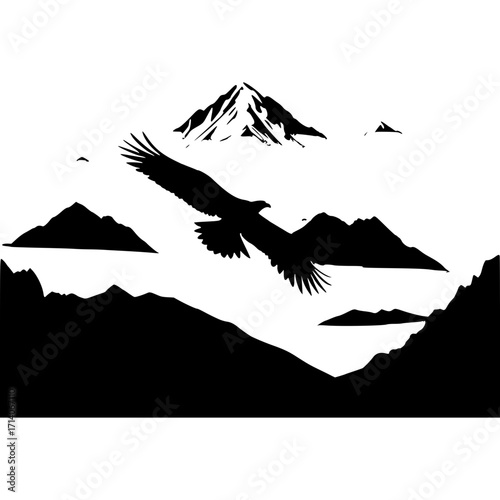 Eagle flying over mountain range landscape black and white silhouette art