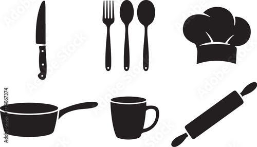 Kitchen utensils and chef hat silhouette collection