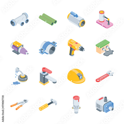 Ready to use modern bundle of plumbing equipment 3d icons