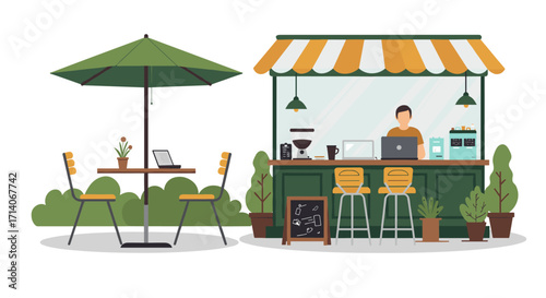 Cozy outdoor coffee kiosk with seating area and greenery