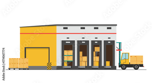 Modern warehouse facility with loading docks and delivery truck in flat design