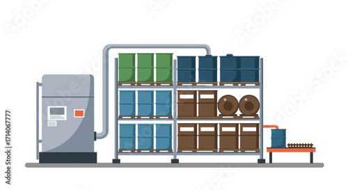 Modern factory warehousing with industrial equipment and storage containers