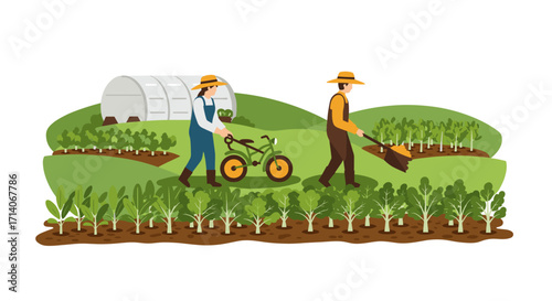 Flat design of farmers working on a sustainable farm with greenhouse and vegetables