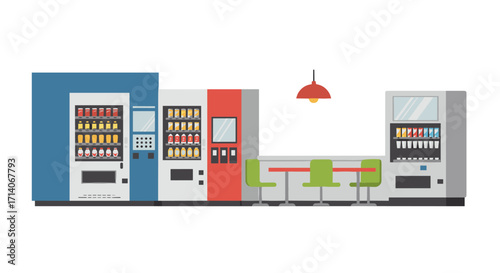 Modern vending machines and seating area in a cafeteria setting