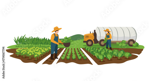 Sustainable farming practices with farmers and vegetables in a flat design