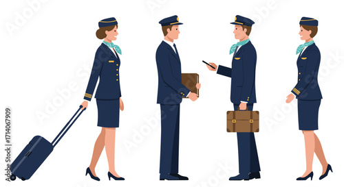Airline crew in uniform: professional aviators and flight attendants