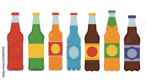 Colorful beverage bottles on white background in flat design style