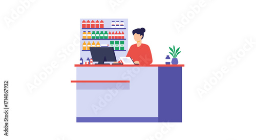 Cash register desk with clerk in storefront setting