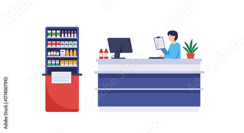 Pharmacy counter with prescription and medicine display in flat design