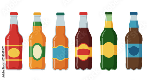 Colorful collection of flat soda bottles with various labels and caps