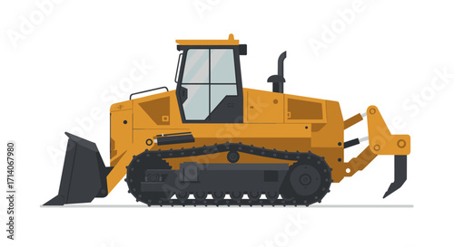 Powerful construction bulldozer with shovel and tracks in flat design