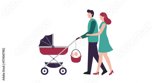 Family stroll with baby in stroller: modern flat design