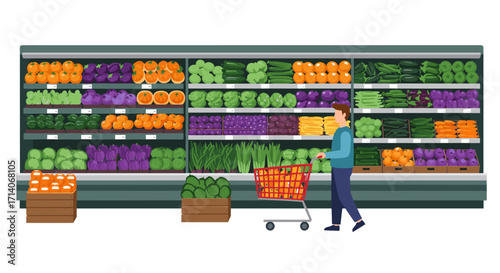 Grocery store aisle with fresh produce and shopper pushing cart in flat design