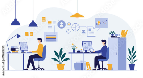 Modern office workspace with team collaboration and technology elements