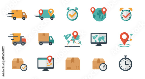 Delivery and logistics icons featuring trucks, maps, and clocks for fast service themes