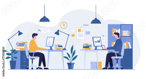 Modern office workspace with employees working at desks in minimalist design