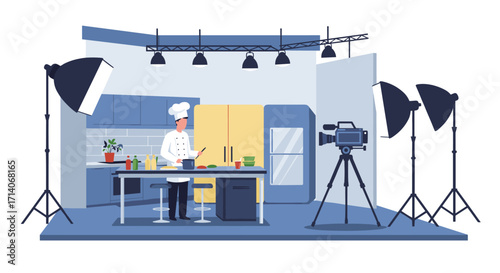 Culinary show set with chef filming in a modern kitchen studio