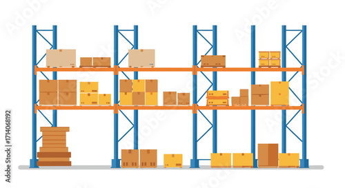 Warehouse storage with stacked boxes on industrial shelving racks
