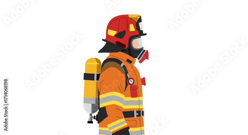 Side profile of firefighter in full gear with respirator and helmet