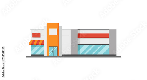 Modern storefront with large windows and orange accents in flat design style