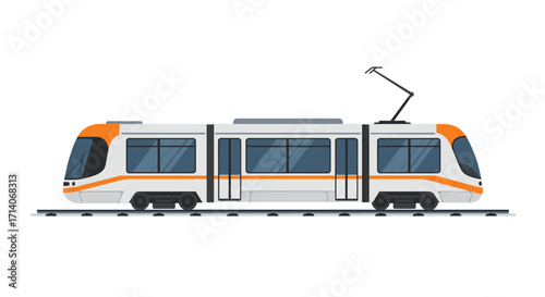 Modern flat style tram with orange accents on rails