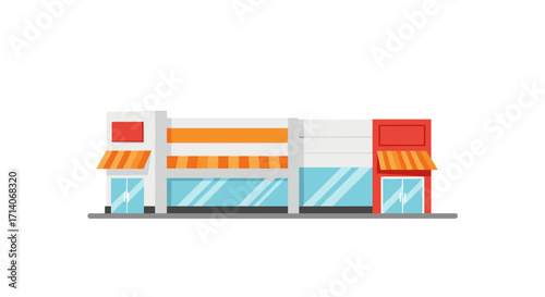 Modern flat shopping center exterior with colorful awnings